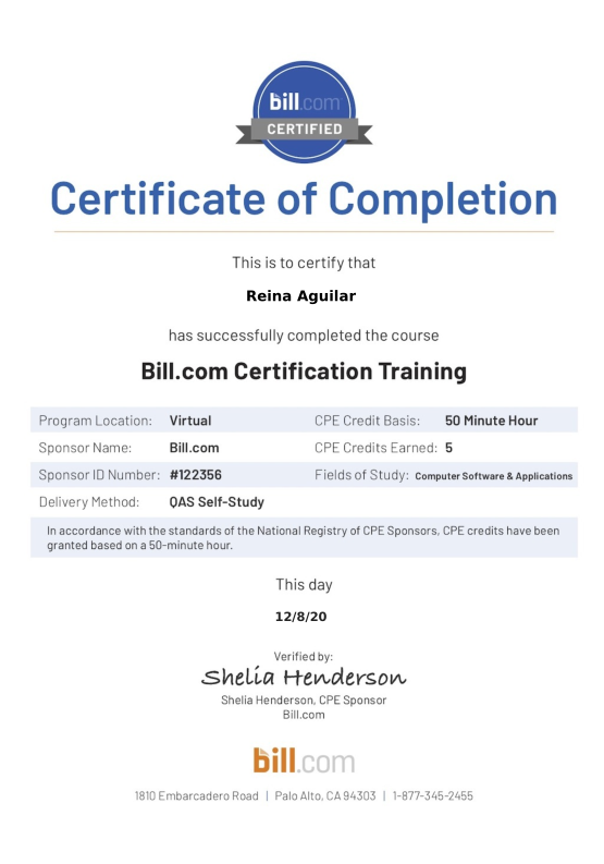 Bill.com Certificate